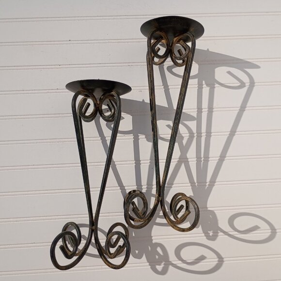 Pair of Wrought Iron Candle Holders Black Gold Scroll French Country Candlestick - Picture 10 of 11